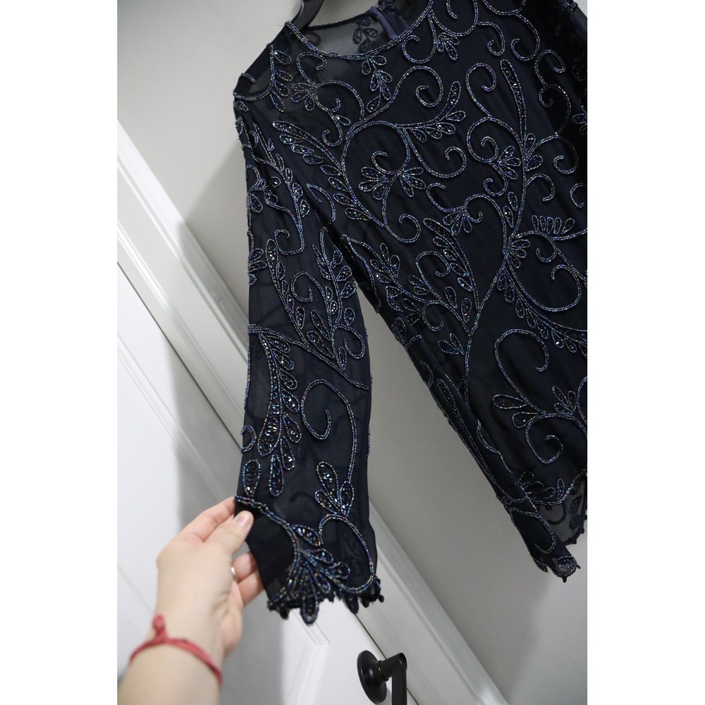 J Kara Navy Blue Beaded Asymmetrical Evening Blouse Petite 18P Iridescent Scroll - Picture 2 of 9